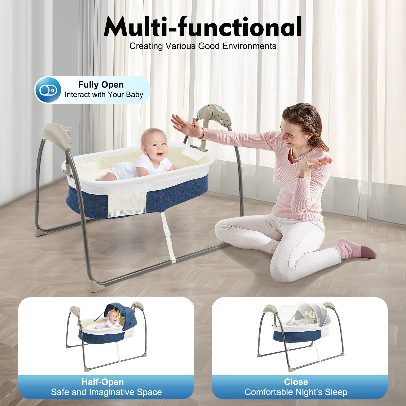 Vide-bébé électrique, berceau pour nouveau-né, lit à bascule avec moustiquaire et chaise longue télécommandée