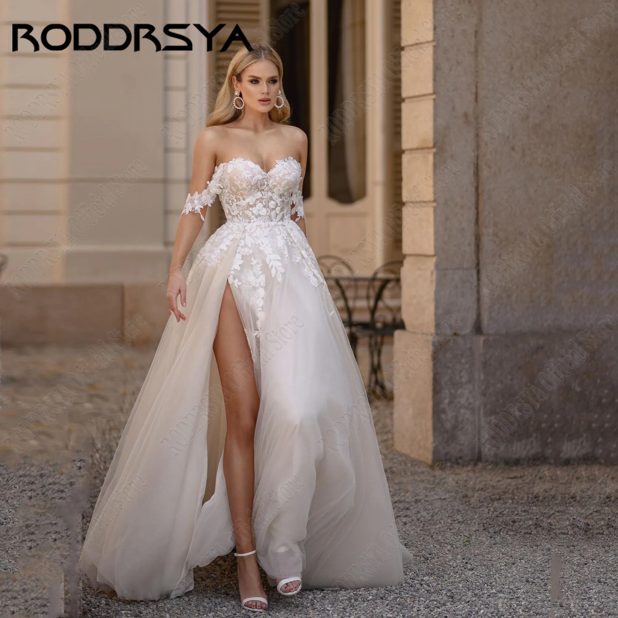 Roddrsya Zivil Brautkleid 2024 Braut schulter frei Schatz Brautkleid Seite geteilt A-Linie Korsett Vestido de Novia angepasstRODDRSYA Zivil Brautkleid 2024 Braut Off Schulter Sweetheart Brautkleid Seite Split A-Linie K