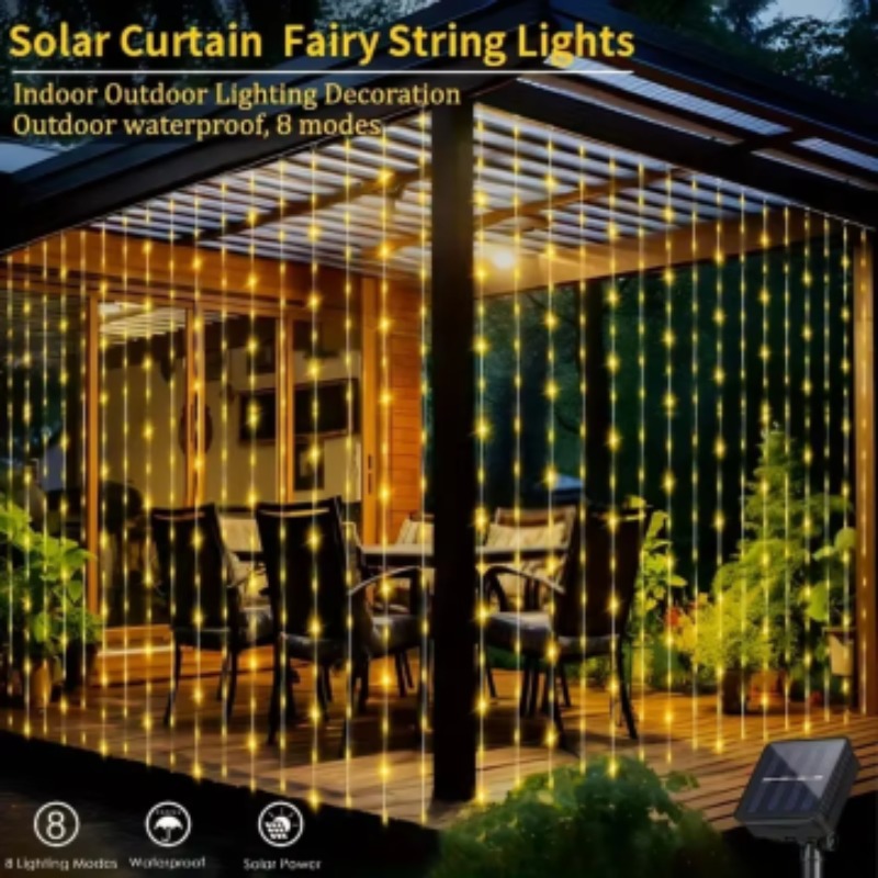 1 Pack 200LED Solar Curtain String Lights Outdoor Waterproof 8 Lighting Modes Curtain Fairy Lights For Wedding Party Decoration