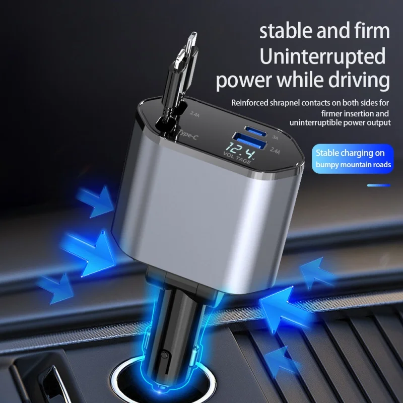 Carregador de carro retrátil, carregador de carro de carregamento rápido 4 em 1 120W, cabo retrátil e 2 portas USB compatível com adaptador de carregador de carro