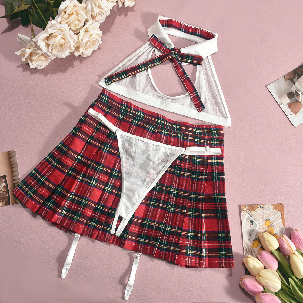 Set di lingerie sexy cosplay seduzione erotica gonna a pieghe scozzese rete prospettiva papillon costume multi-pezzo uniforme da studente JK
