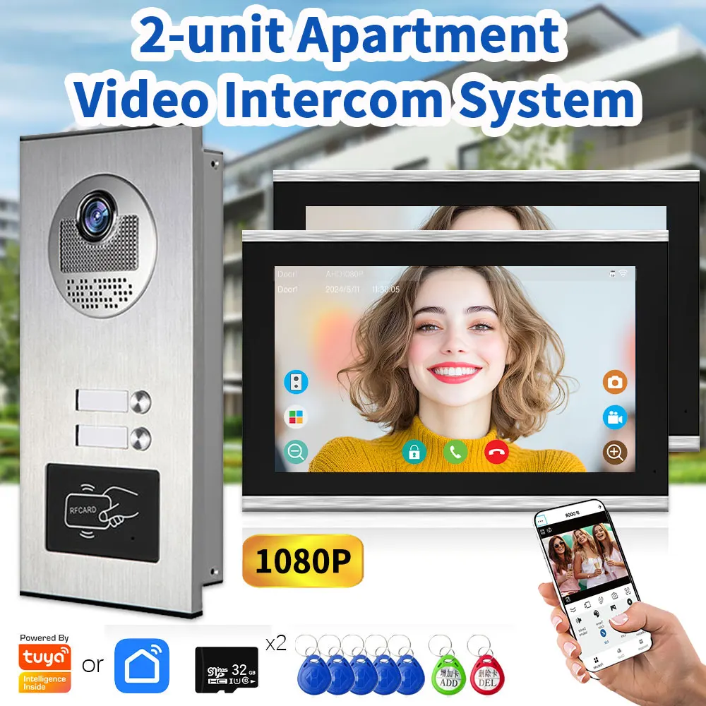 Tuya inteligente 2 unidades apartamentos intercom campainha de vídeo com cartão rfid desbloquear 4 sistema de telefone de porta de vídeo com fio 1080p