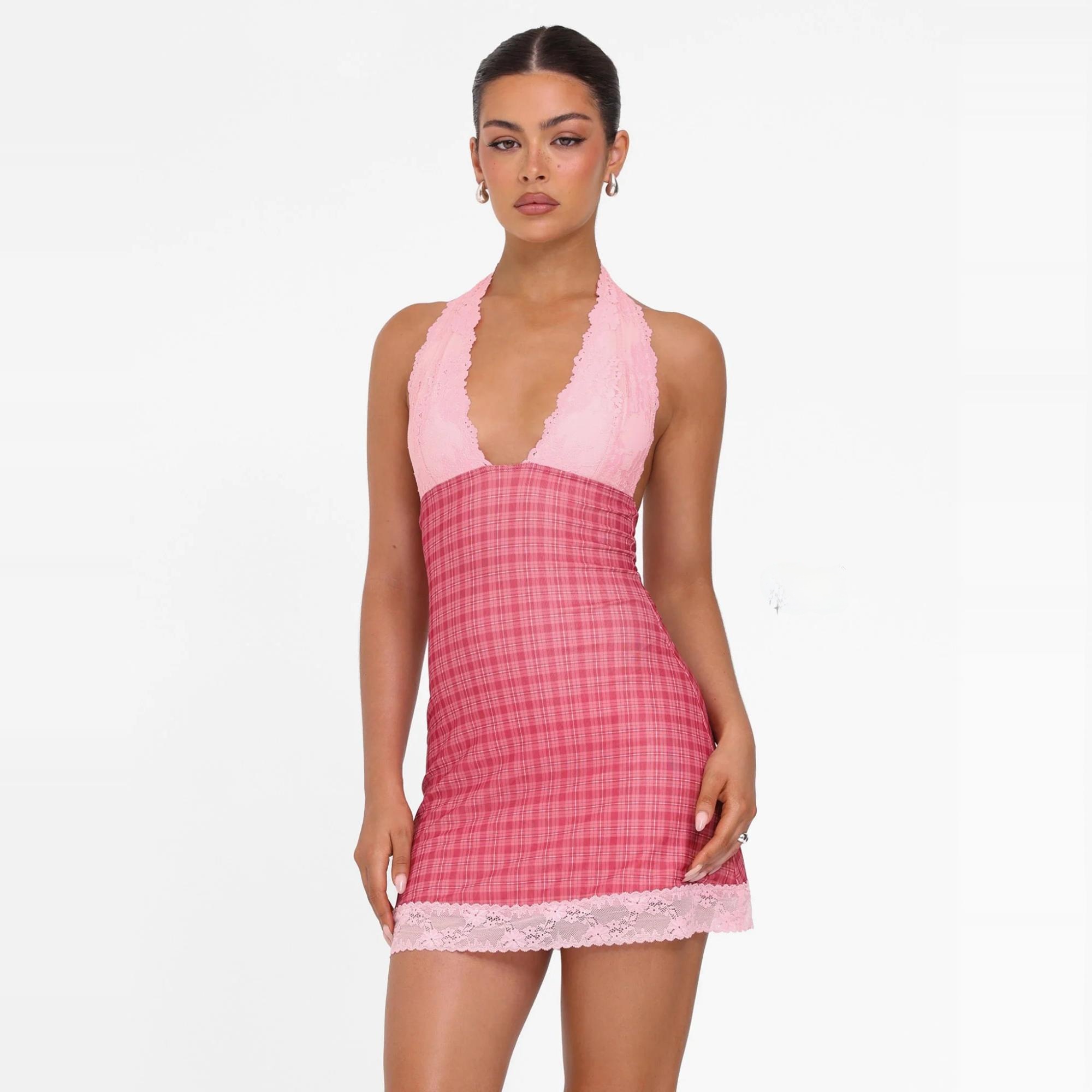 Vestido Sexy Slimming com Decote Profundo em V e Estampa Xadrez Rosa Tiger Mist NAVIA, Serviço de Design Personalizável