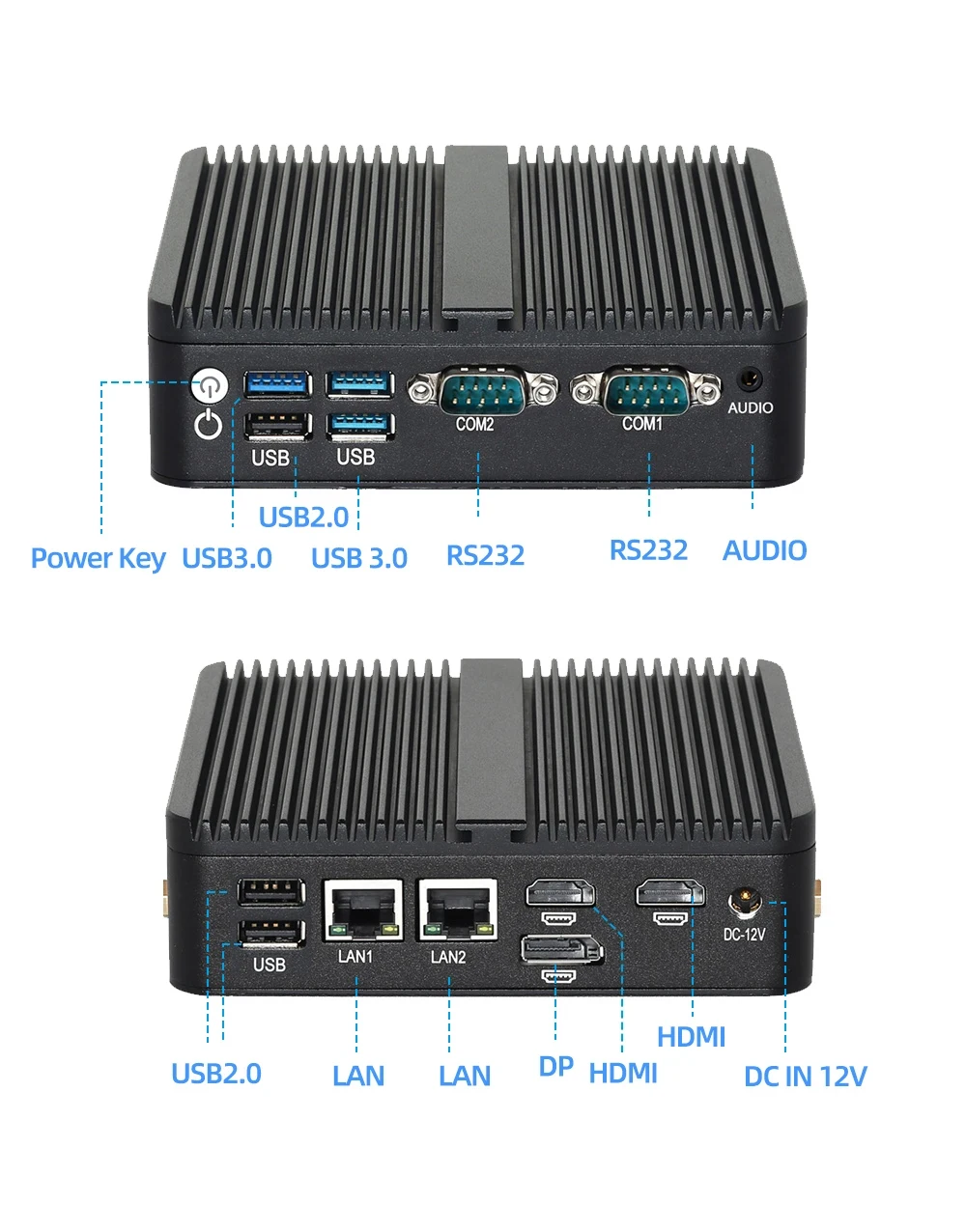 Mini PC industrial sem ventilador Intel N150 Windows 10/11 Linux 2x COM RS232 2x Ethernet 6xUSB 2xHDMI 1xDP Suporte WiFi SIM 4G Modem