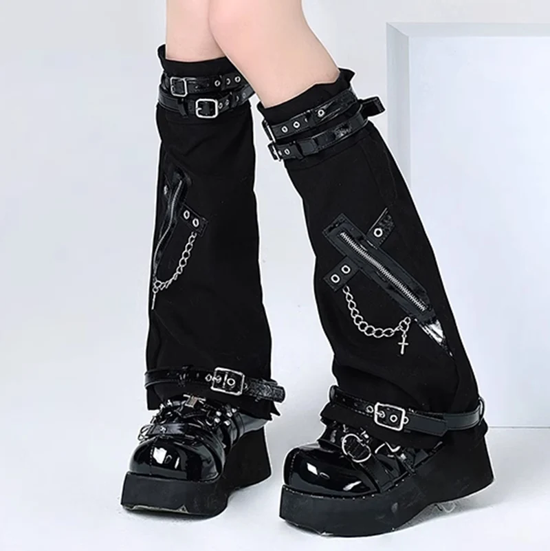 カワイイアイアンチェーン女性用レッグソックス、スプライスロックパンクスタイル、lolita rock girlレギンス、日本製レッグカバー、かわいいjk、y2k、jk、2024