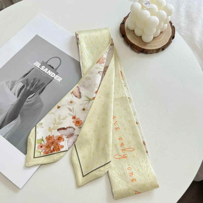 Diadema con estampado de Floret para mujer, bolso de satén de seda, bufanda para mujer, cinta para la muñeca larga delgada, bufandas para el cuello, bufandas para el cabello para mujer