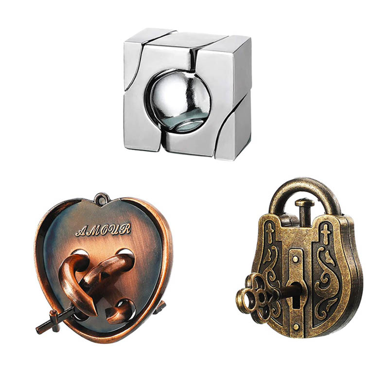3Pcs Set Metal Puzzle Solution Unlock Toy Brain Teaser IQ Challenge Games For Kids Adults Juegos Metalicos De Ingenio
