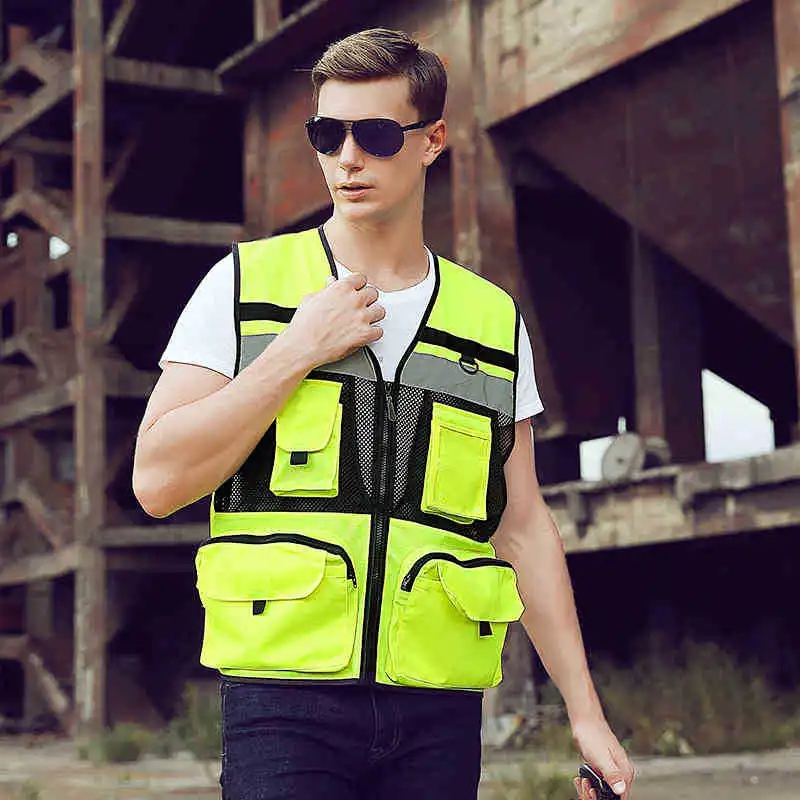 Custom LOGO Safety Vest Reflective With Tool Pockets Breathable Work gilet High Visibility Vest Mesh Reflective Vest Workwear