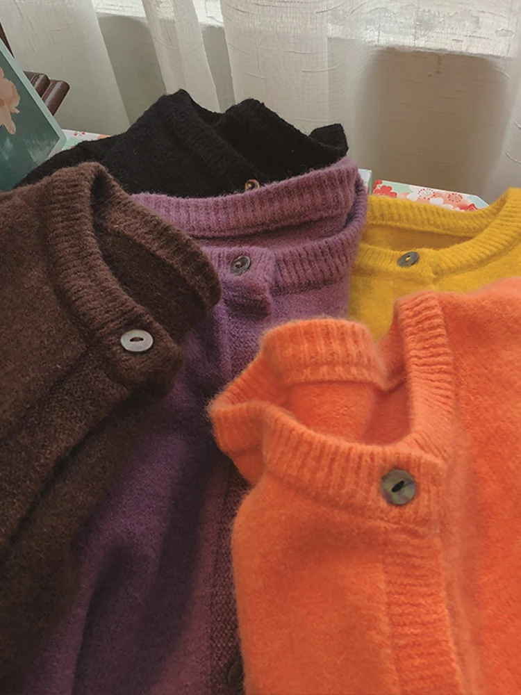 Cardigan Casual de Camere com Decote Redondo para Mulheres, Suéter de Outono Inverno, Jaqueta Estilo Coreano de Manga Longa