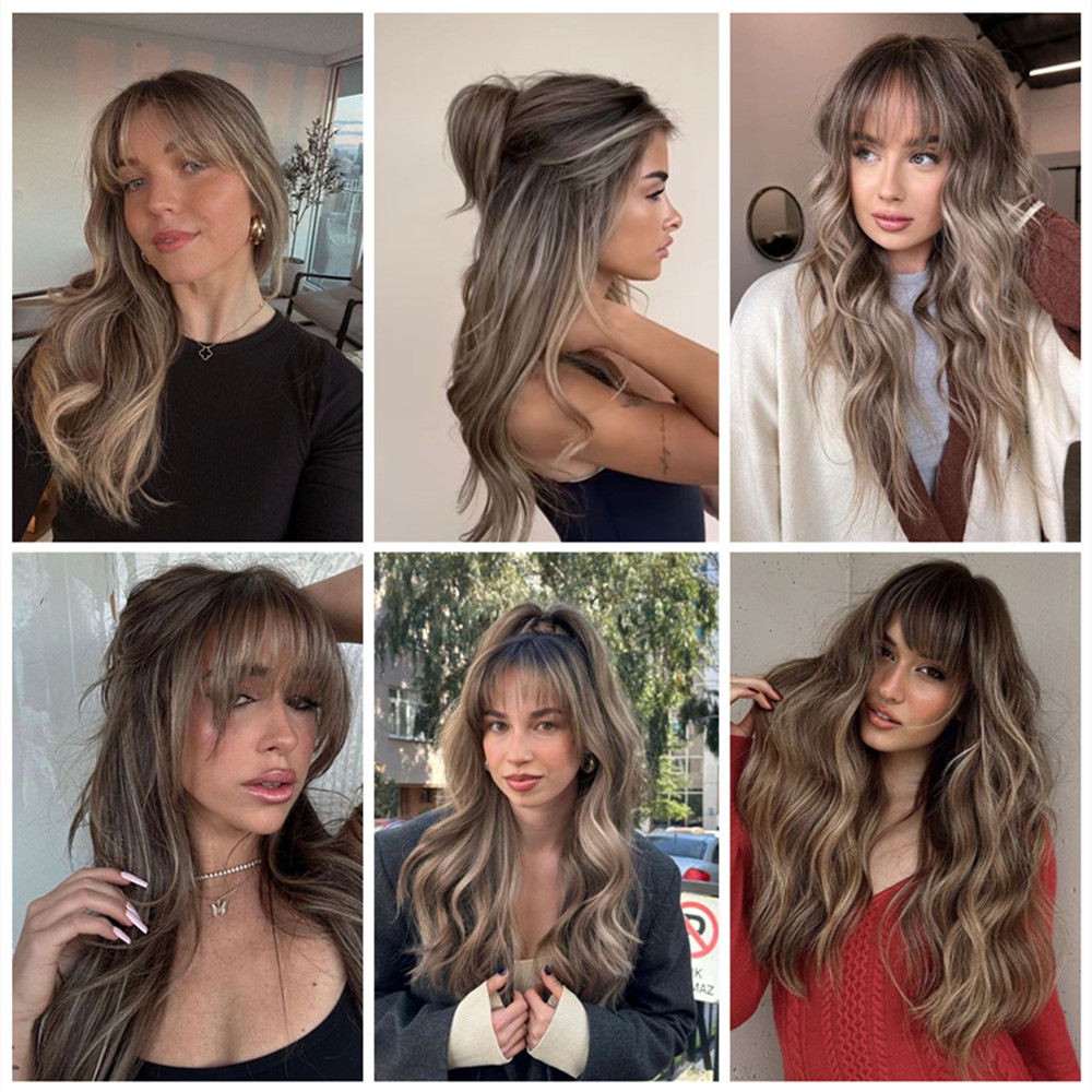 ALAN EATON สีน้ําตาล Highlight Long Wave Wigs สําหรับผู้หญิงวิกผมสังเคราะห์กับ Bangs Ombre ผสมสีธรรมชาติผมสําหรับทุกวัน