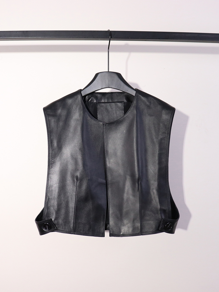 Nova Jaqueta de Couro Casual Fena em Pele de Ovelha, Colete Sem Mangas com Decote Redondo, Estilo Versátil e gável par...