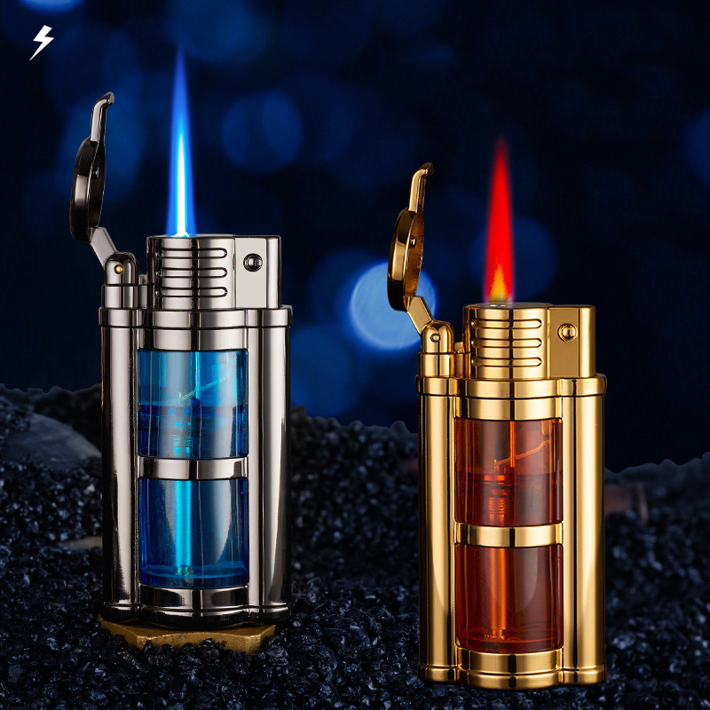 Новая металлическая прозрачная видимая газовая зажигалка, металлическая турбофакел, необычные креативные ветрозащитные бутановые зажигалки, гаджеты для мужчин