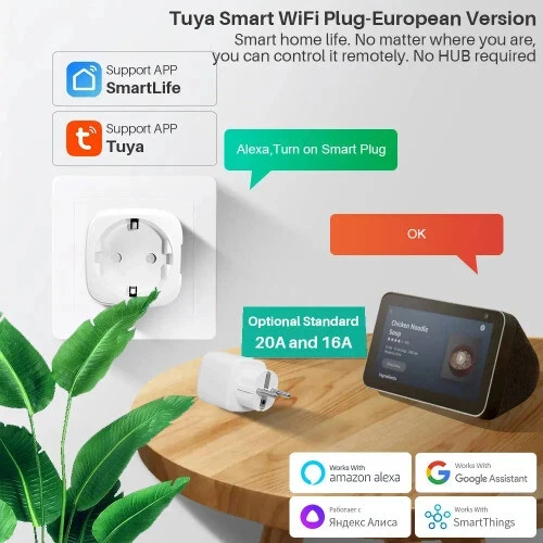 Tuya 16A,20A enchufe inteligente WiFi función de sincronización de monitoreo de energía de la UE funciona con Alexa, Google Home, Alice, Smart Life Home