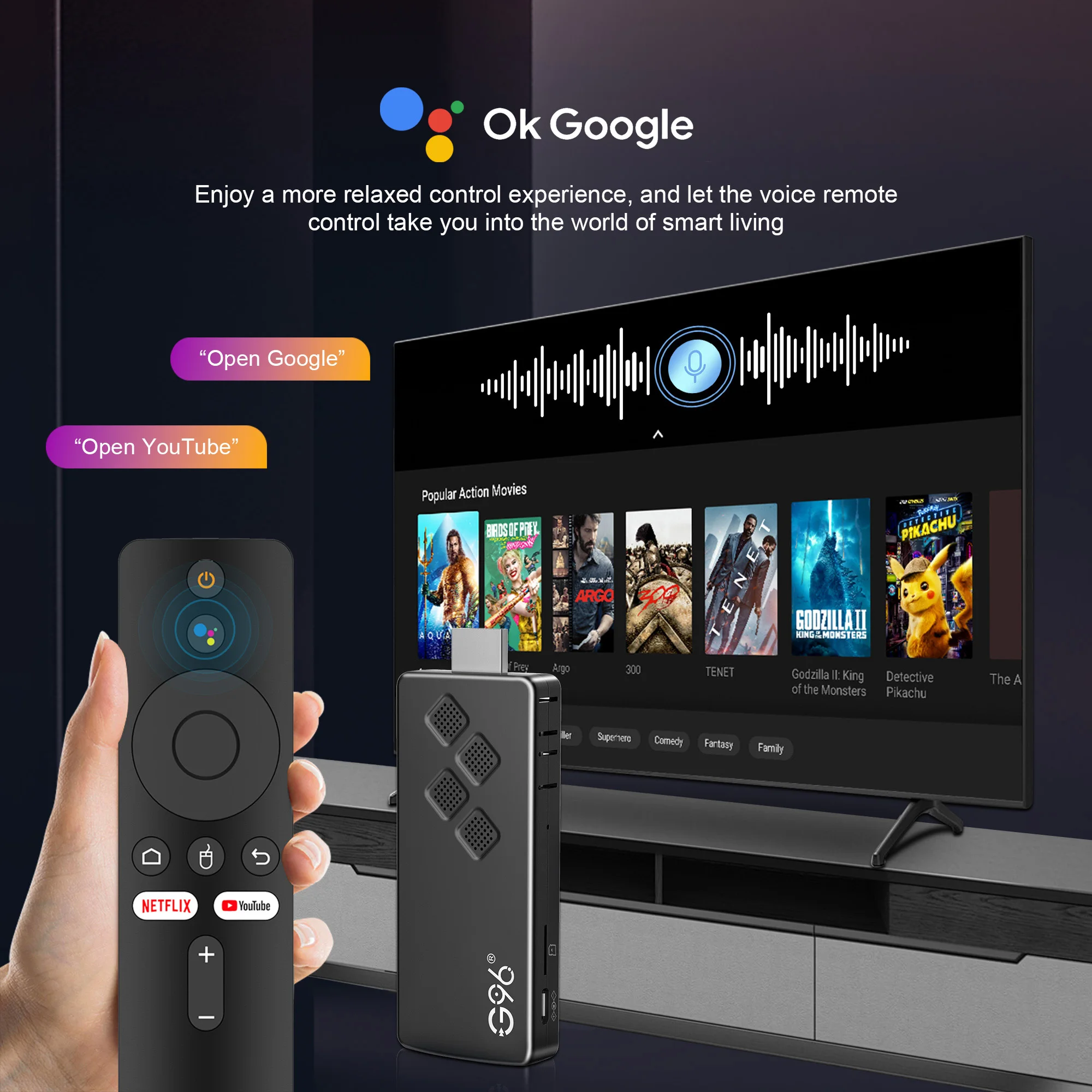 Smart Android TV G96 TV Stick  Android 14 Q2 4K Allwinner Google Voice H313 Wifi6 HDR 10 BT5.0 NETFLIX Games  Media Player Box