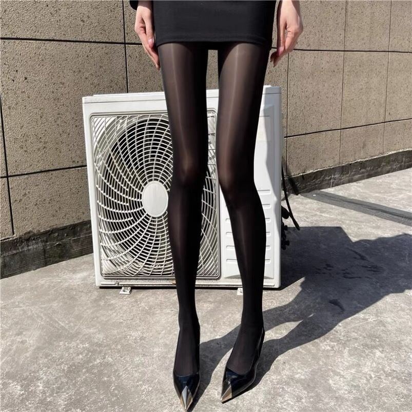 Plus Size Basic Pantyhose, Women's Plus Solid High Rise Smoothing Oil Shiny Skinny Stockings