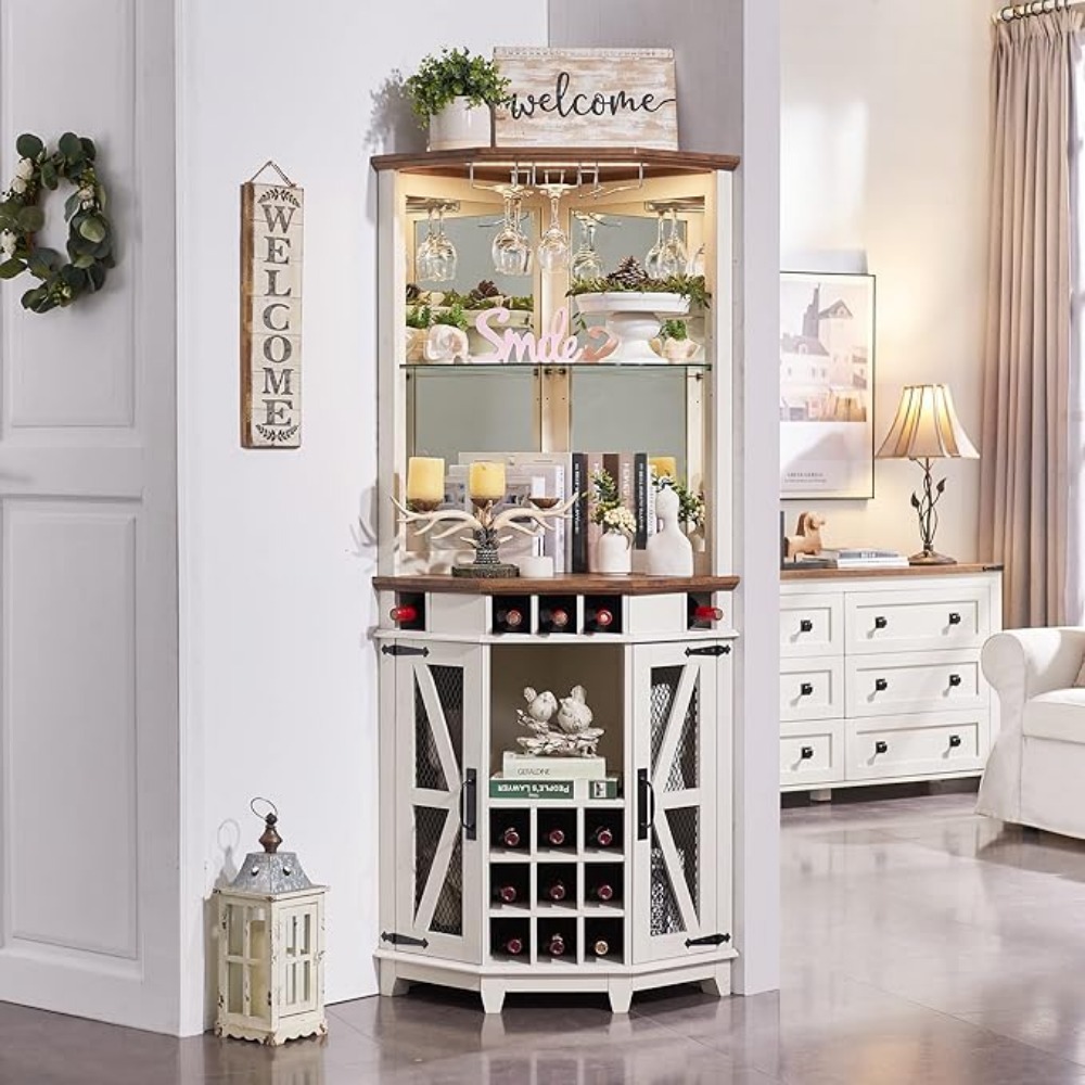 Bar Cabinet, Tall Liquor Cabinet Coffee Bar Cabinet for Home, Display Cabinet Hutch Corner Wine Rack Home Bar Furniture