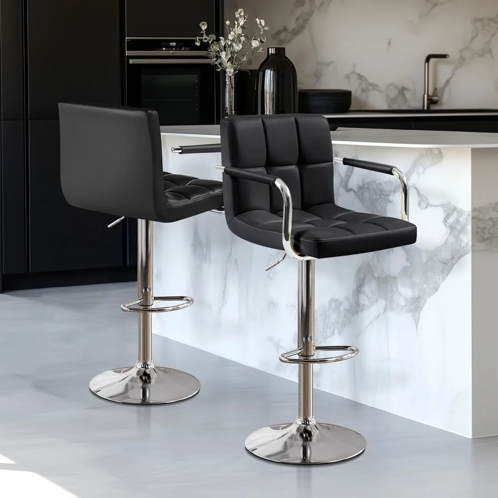 Bar Stools Set of 2, PU Leather Adjustable Swivel Barstools, Hydraulic Kitchen Counter Height Bar Chairs w/Armrest and Back