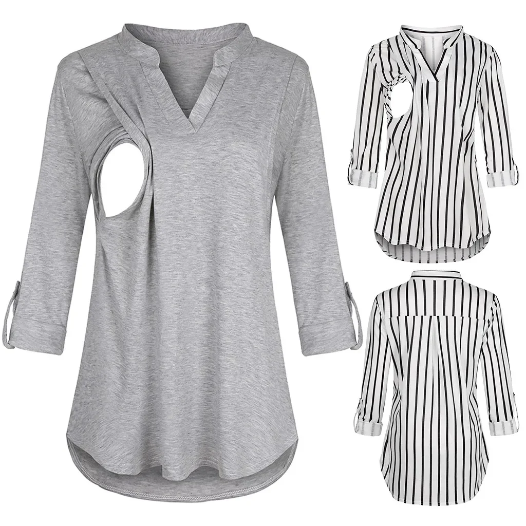 Nueva moda, ropa de maternidad, blusas, camisas, blusas de lactancia a rayas de manga larga, blusa para amamantar, ropa de maternidad para mujeres