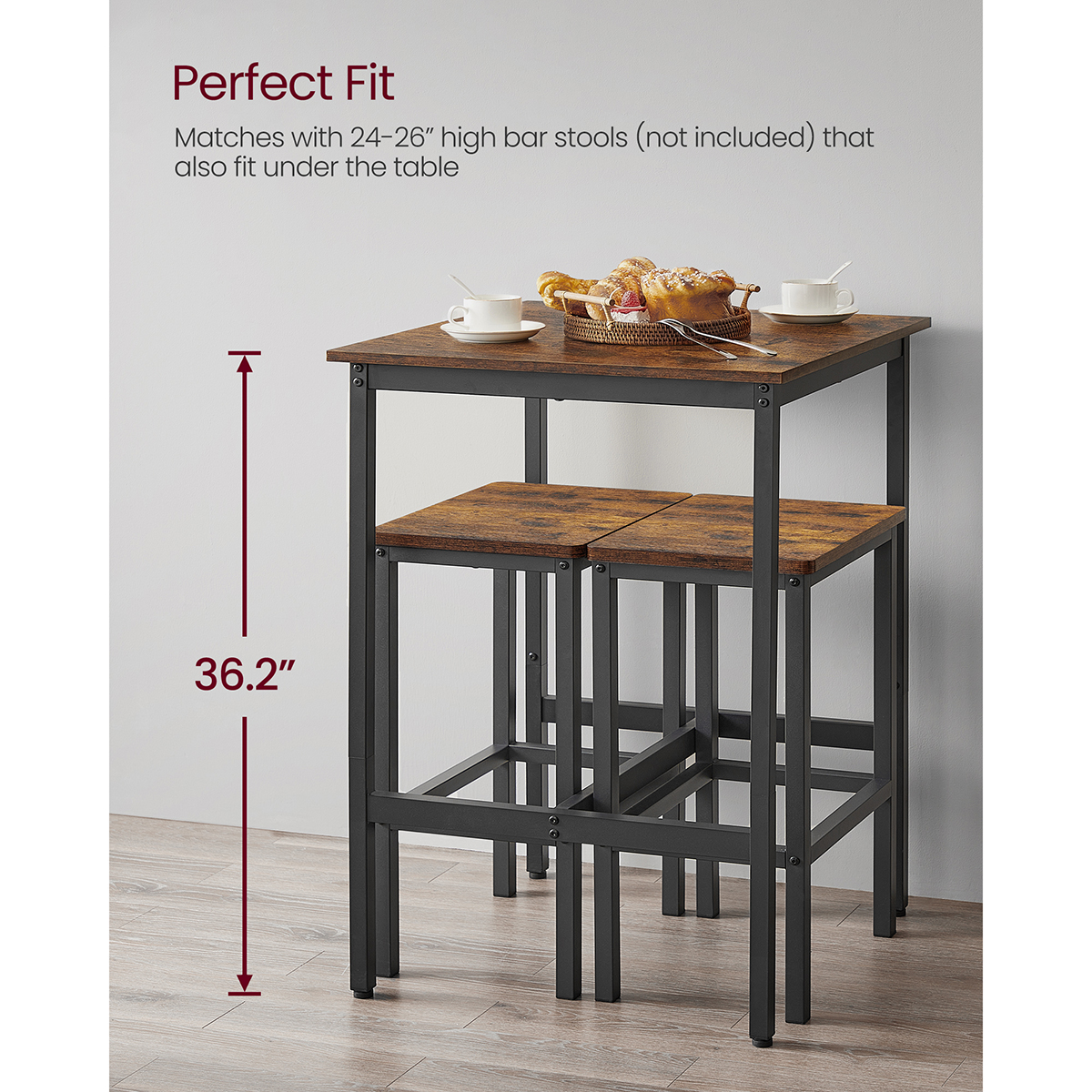 VASAGLE Breakfast Bar, Square Tall Bar Table, Heavy-Duty Steel Frame, 60 x 60 x 92 cm, Easy Assembly, for Kitchen Living Room