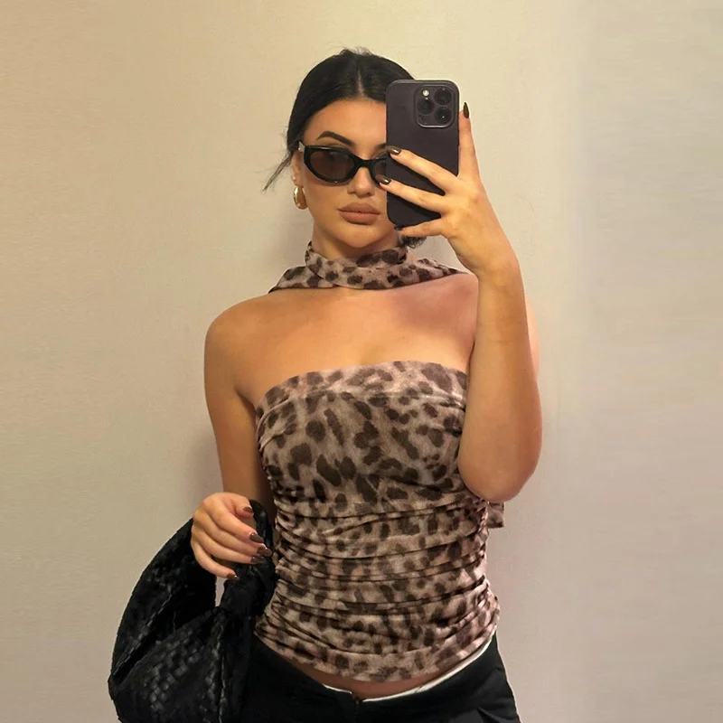 Top estampado leopardo de tule feminino com bandeau, blusa sem ombro, decote reto, blusa casual de verão para meninas