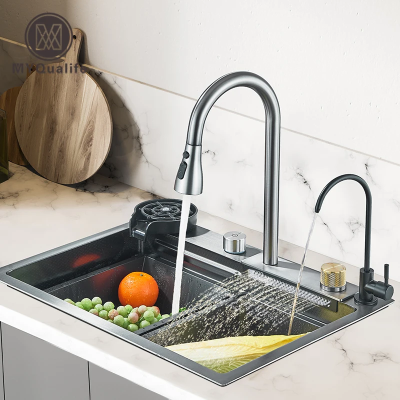 Pia de cozinha cascata de aço inoxidável 304, grande slot único integrado, 60x45cm, conjunto de torneira, lavador de copo, 3 vias, cabeça de pulverizador removível