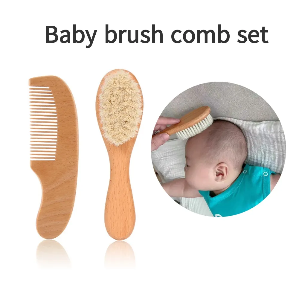 Set di 2 pettini e spazzole per la cura del bambino, set regalo di spazzole e pettini in legno di faggio TG183