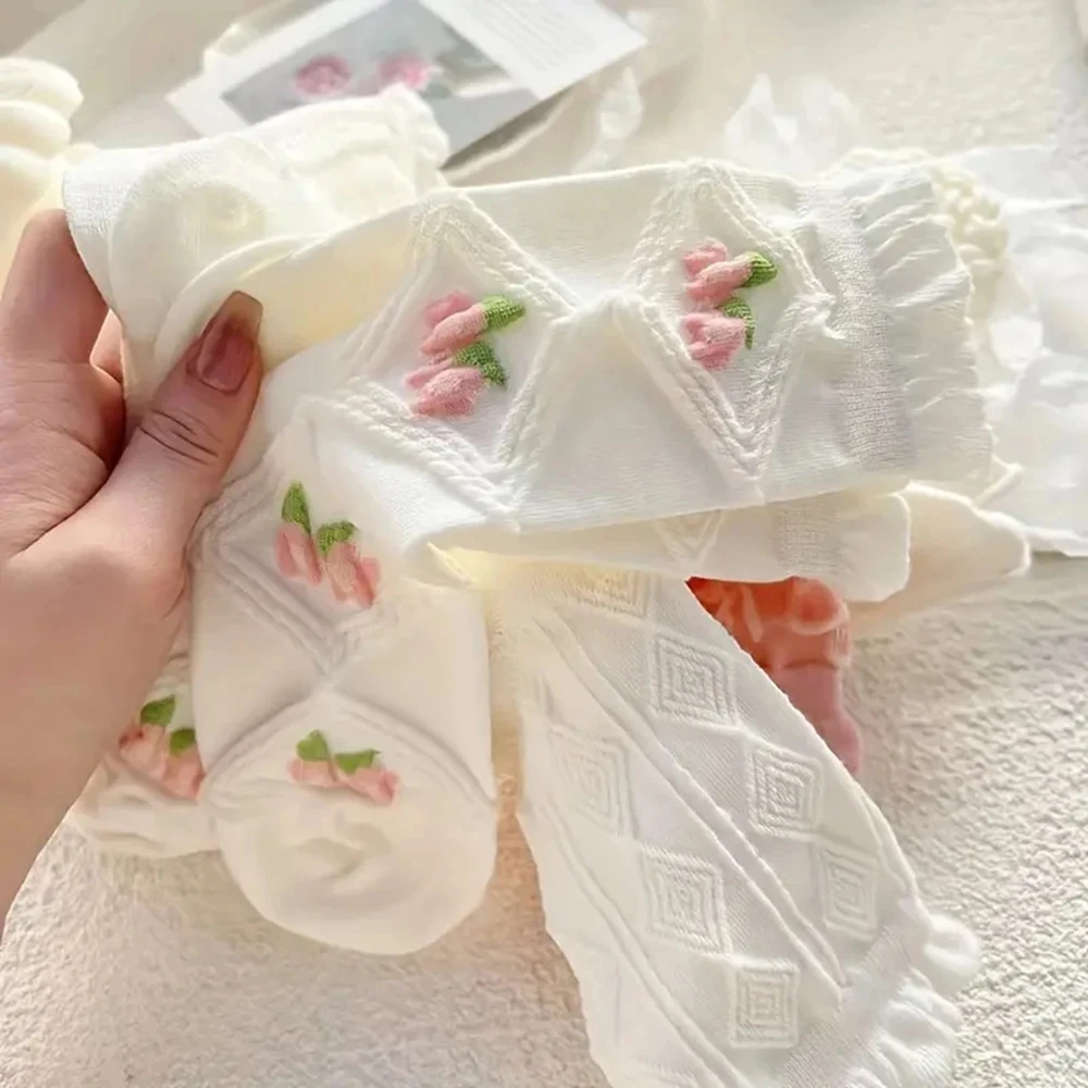Meias femininas com babados de renda média tubo, lolitajk, estilo harajuku, suave, versátil, elegante, meninas, fofo, outono, inverno, 5 pares