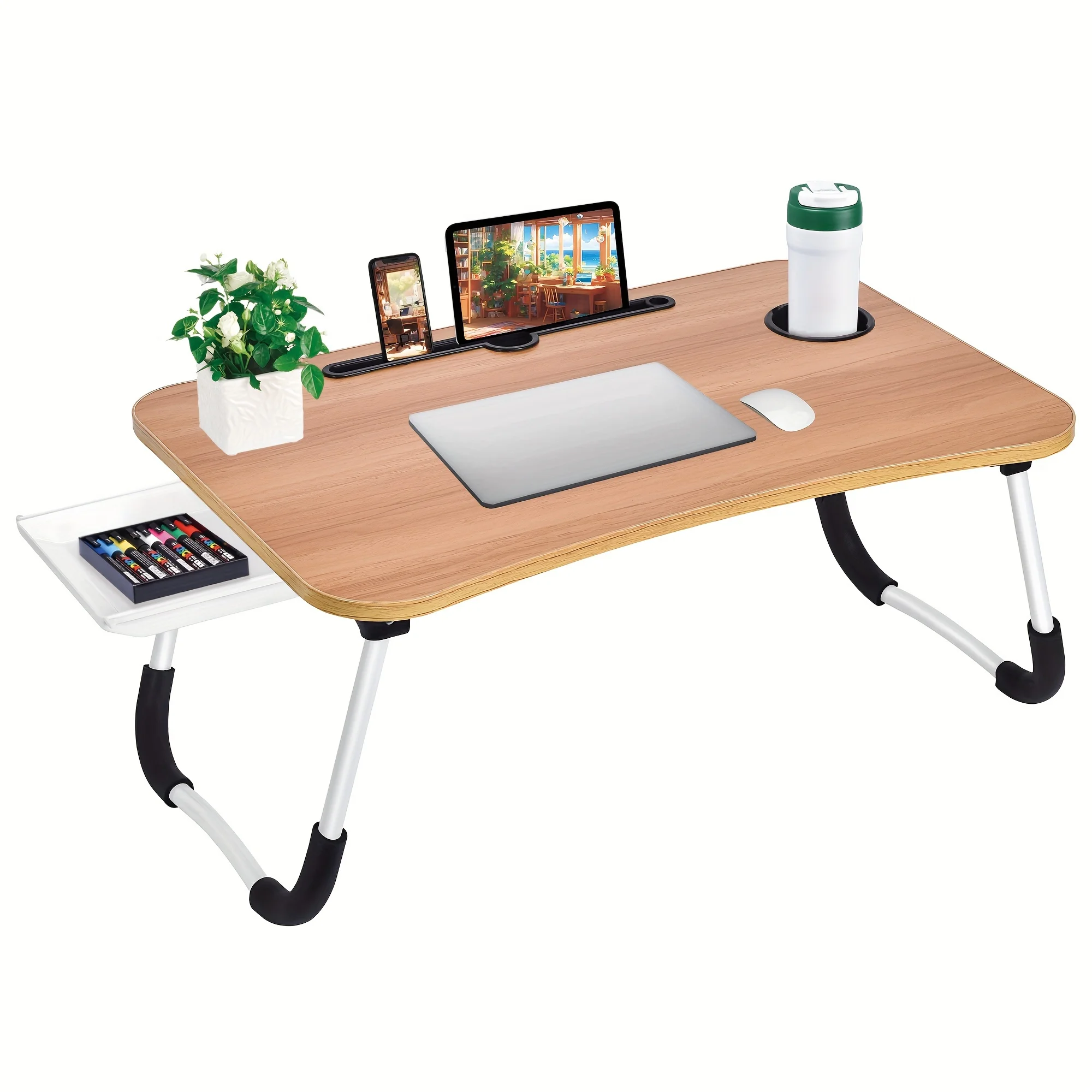 Extra-Large Portable Laptop Bed Desk - Multi-Functional Tray Stand with Cup Holder and Drawer - Stable, Durable, Foldable