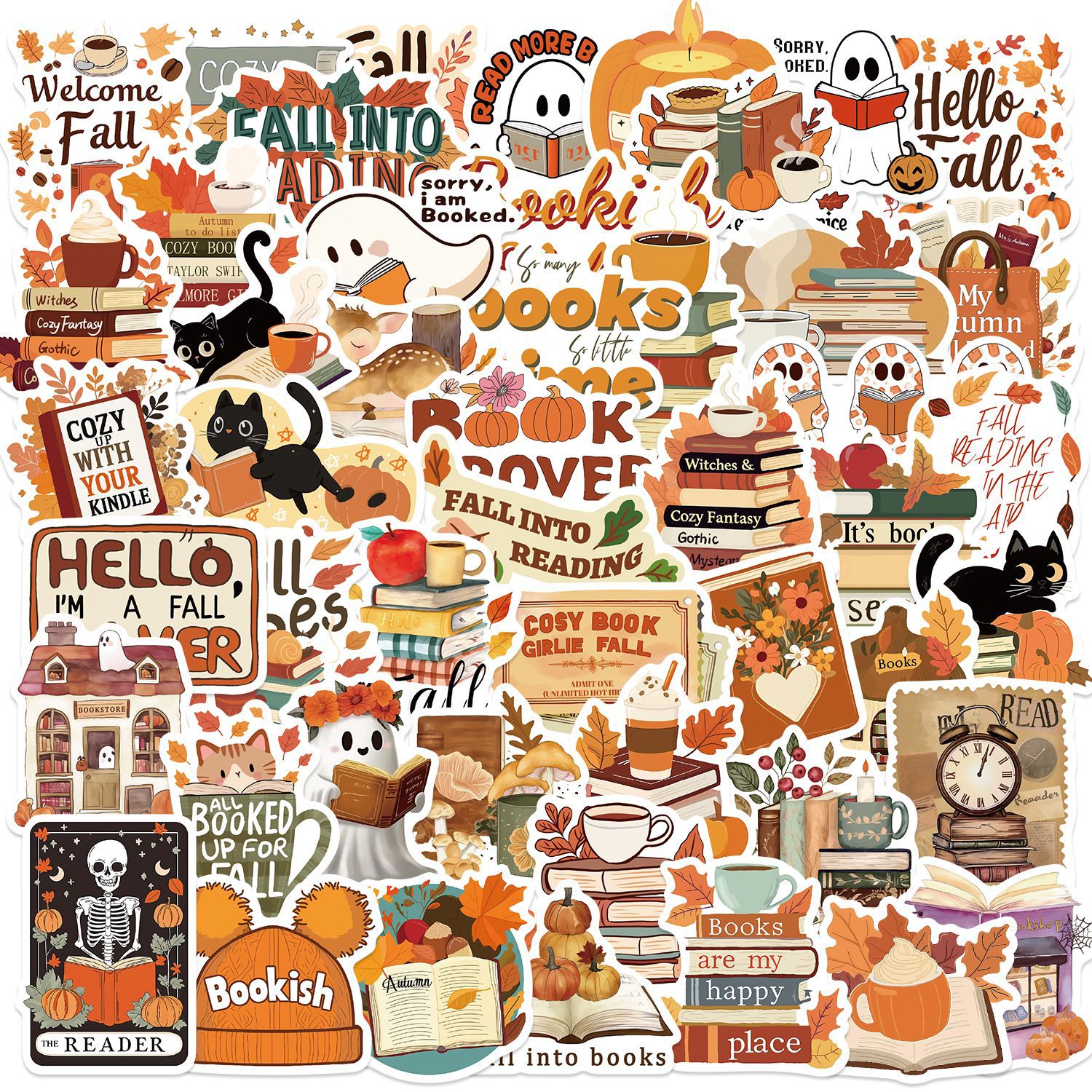 50 stuks Bookish Herfst Graffiti Stickers Cartoon Leuke Ghost Boeken Graffiti DIY Boekboek Notebook Stickers