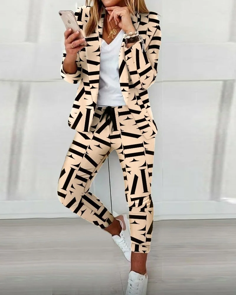 Conjunto de dos piezas a la moda para mujer, chaqueta con estampado vuelto, abrigo, pantalones con cordón, conjunto informal para mujer 2023