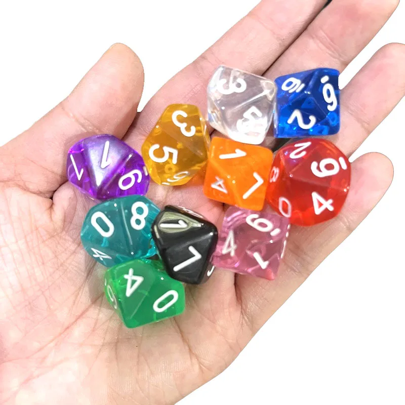 10 шт. 10-сторонние игральные кости D10, многогранные прозрачные кубики для настольных игр, 0-9, цифры, 18 мм, ролевые игральные кости, семейные игральные кости