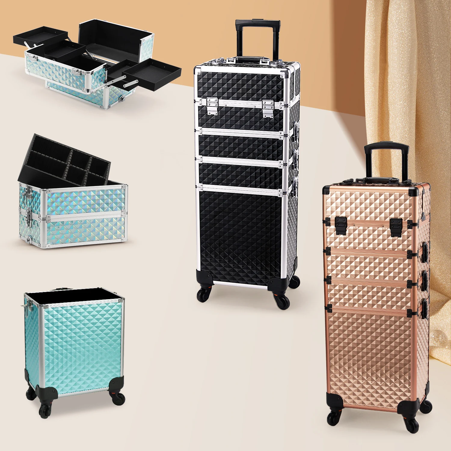 Estuche de tren de maquillaje rodante, carrito de cosméticos 4 en 1, estuche de viaje de maquillaje de gran capacidad con ruedas clave, estuche de peluquero para salón de viaje