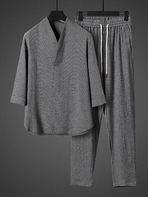 Conjunto de Verão em Seda Gelada Fina: Cseta Casual de Manga Solta e Calça Crida Leve e Respirável para Jovens Homens