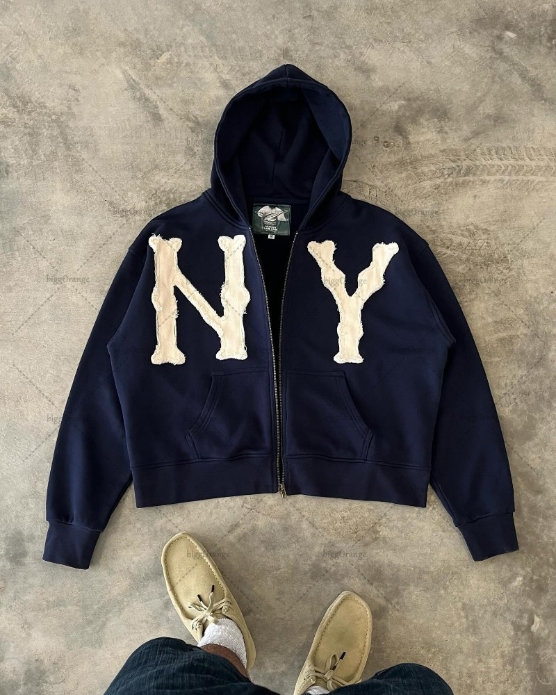 Sudadera con capucha American Street con cremallera para hombre, chaqueta informal combinable con letras Harajuku, sudadera bordada de gran tamaño para mujer