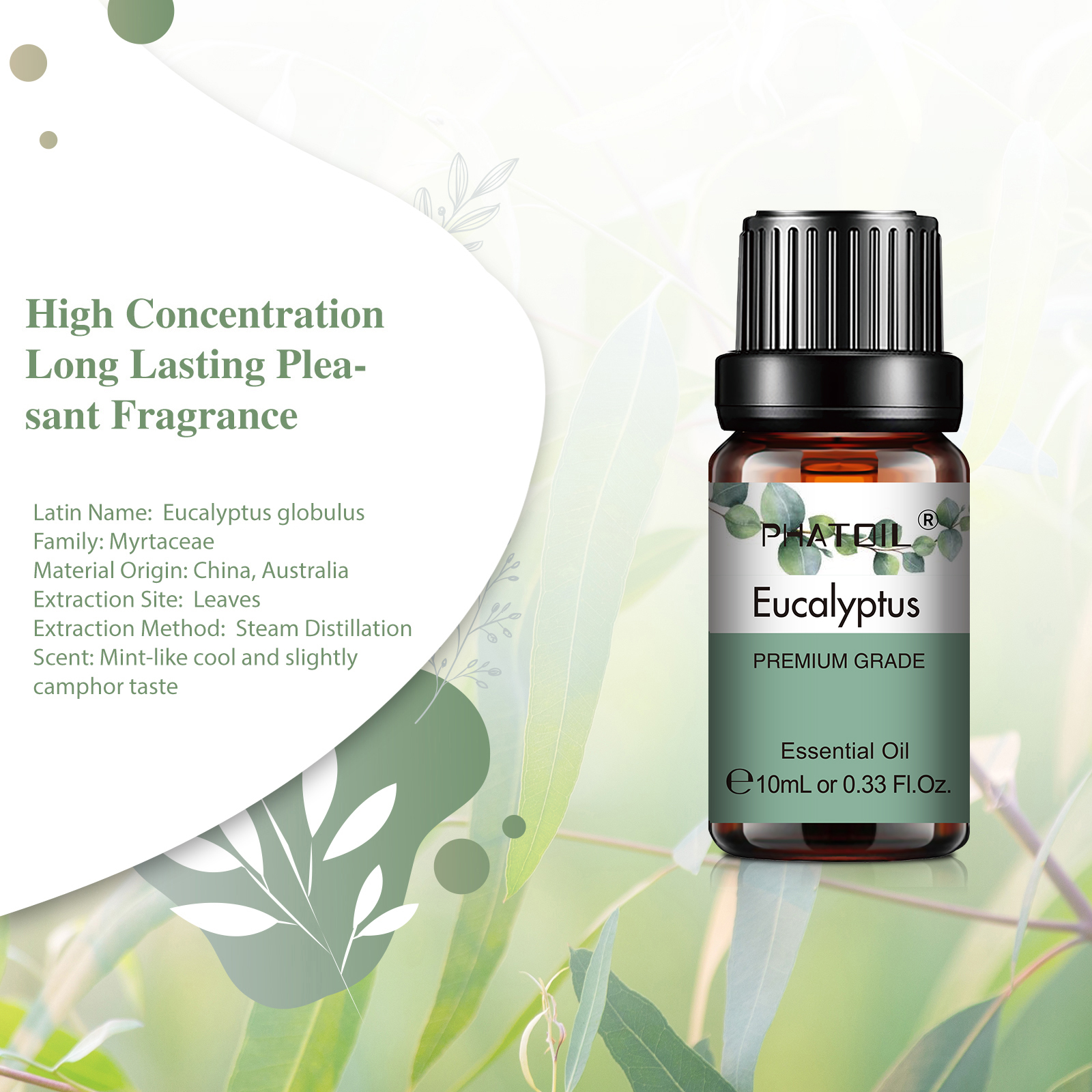 Phatoil óleo essencial de planta natural 10ml eucalipto lavanda bergamota baunilha hortelã-pimenta 1 peça óleos essenciais de aroma para difusor