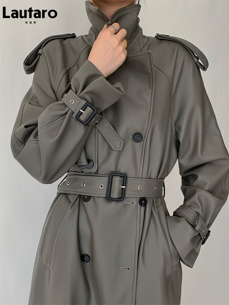Lautaro longo casaco de couro PU para mulheres, manga raglan, cinto passarela, moda europeia, designer de luxo, primavera, outono, 2022