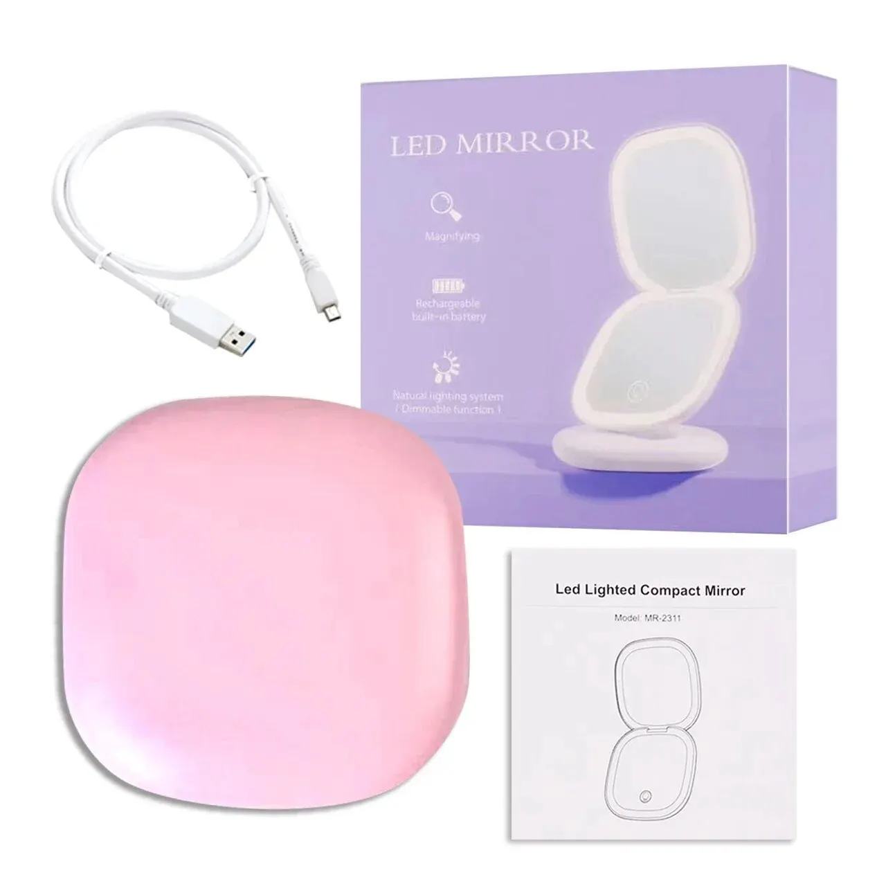 2 얼굴 측면 터치 컴팩트 Led 3 색 미니 접이식 화장품 충전 메이크업 거울 빛 5X 돋보기 작은 주머니 여행