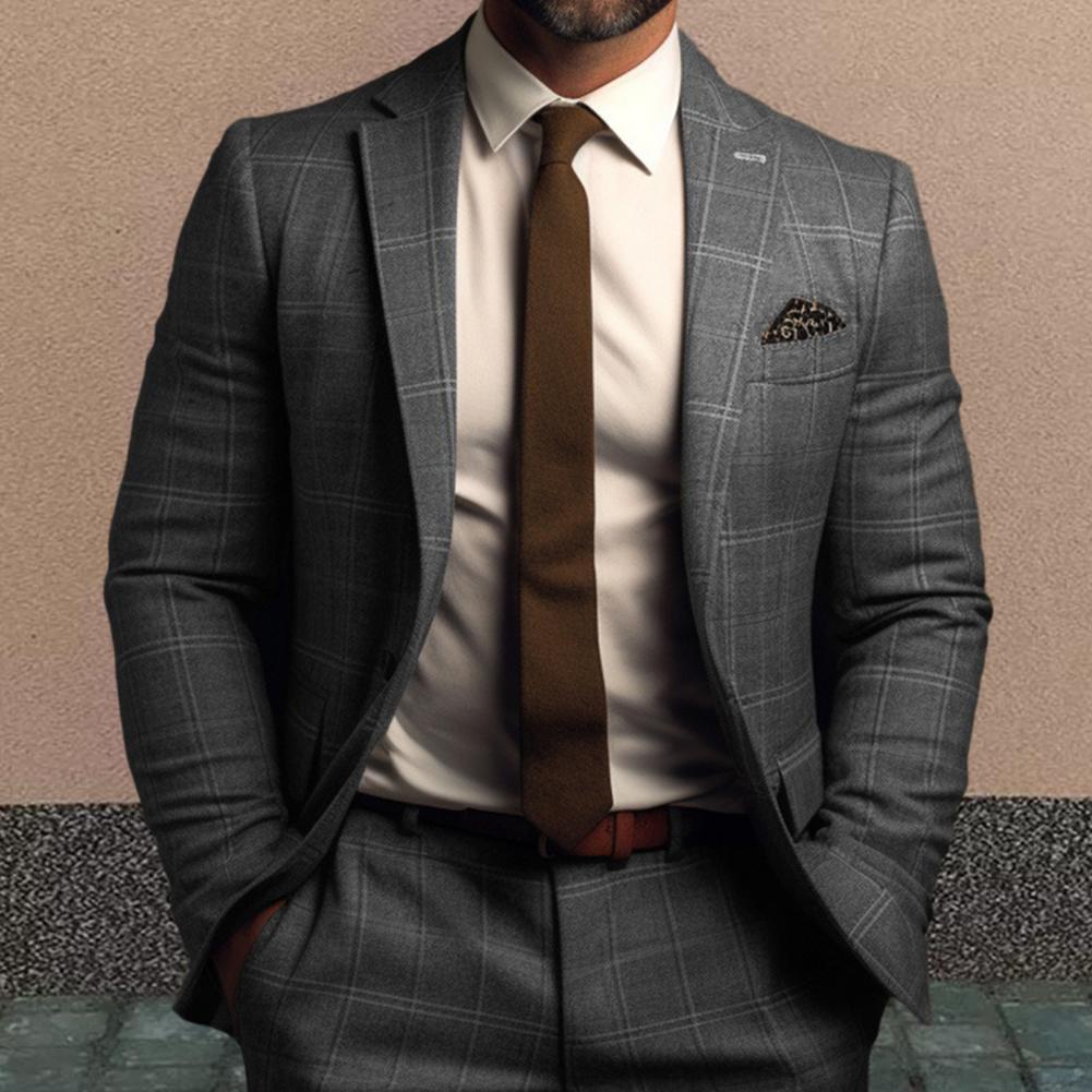 Terno masculino casaco formal estilo de negócios fino ajuste xadrez impressão manga longa único botão fechamento comprimento médio em linha reta cardigan trabalho coa