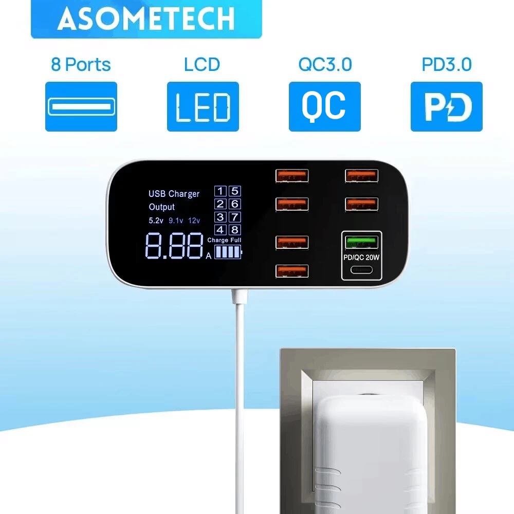 Stazione di ricarica USB Desktop ASOMETECH a 8 porte con Display a LED QC3.0 PD3.0 ricarica USB rapida per iPhone 14 13 Pro Xiaomi