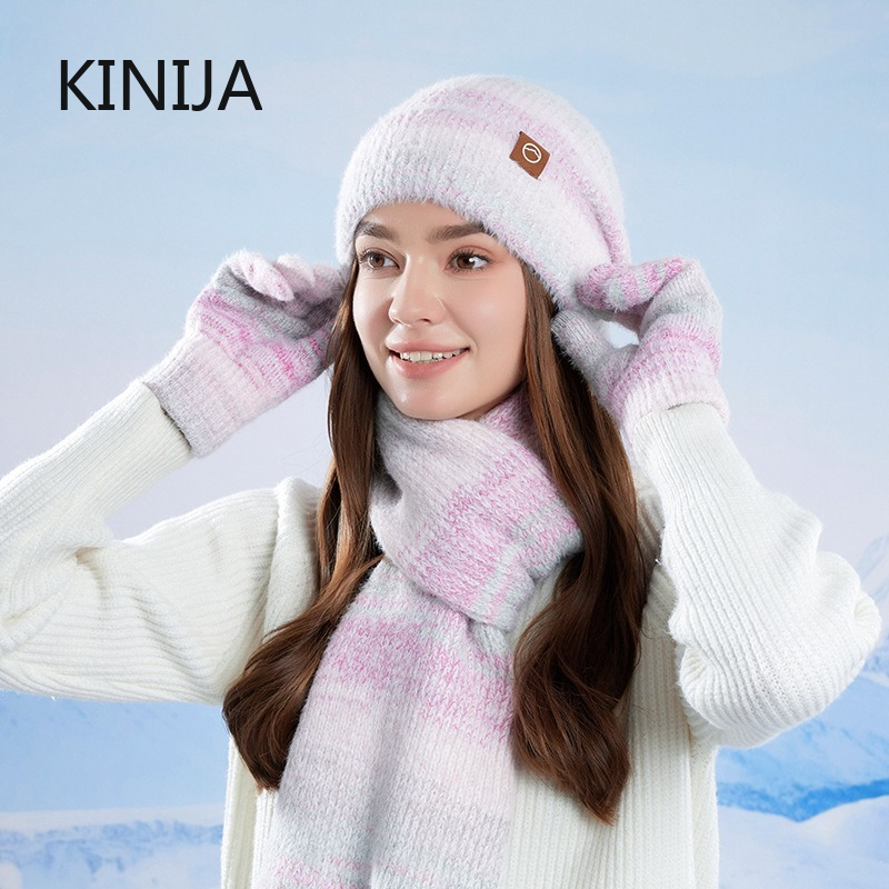 Winter Cap Gloves Scarf Set Women GradientColor Knitted Hat Thickened Fleece Lining Skullcap Outdoor Cycling Windproof Beanies