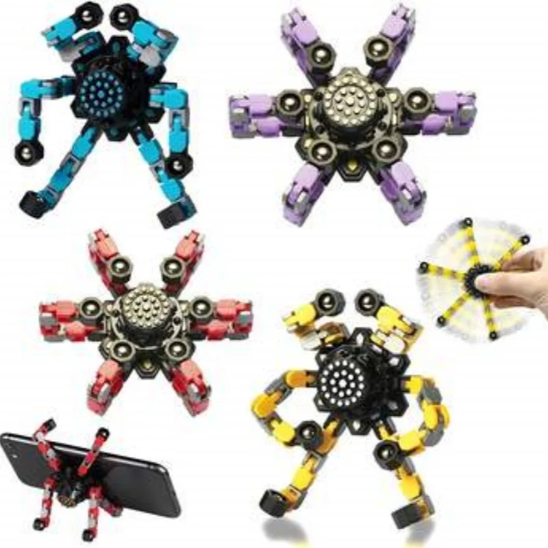 Brinquedos sensoriais engraçados, brinquedo de dedo robô de corrente transformável 4 peças giradores mecânicos de robô de deformação diy