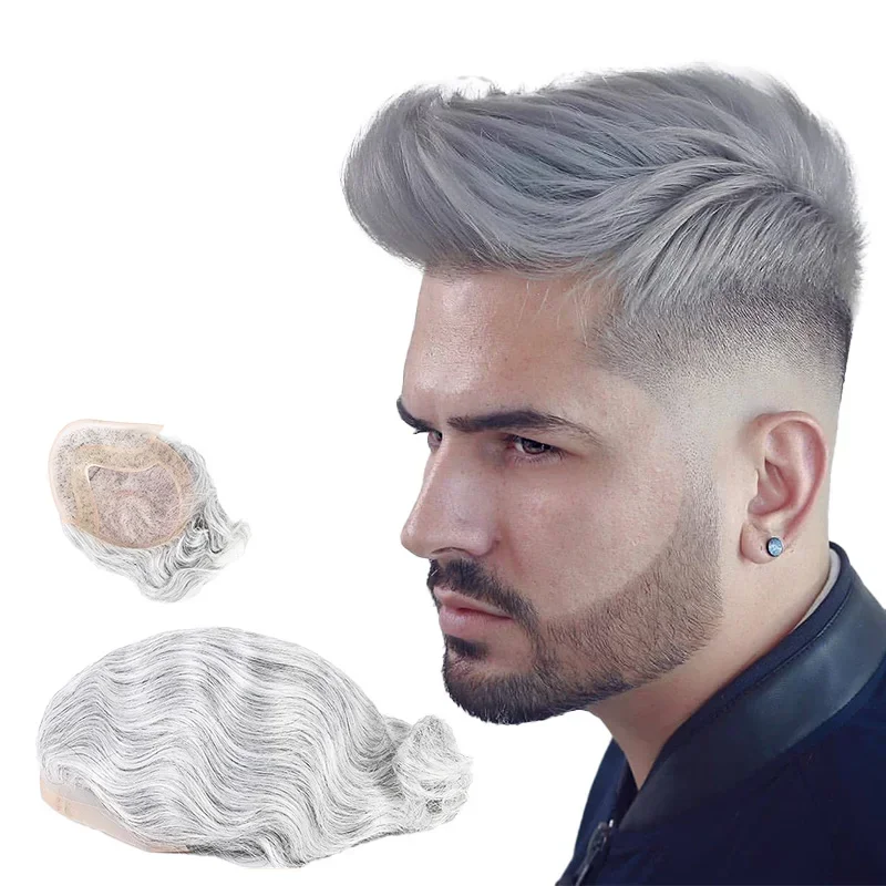 8x10'Grey Silver Hair Toupee for Men Mono Base with PU100% Human Hair Pieces Replacement System Lace Front Natural Hairline
