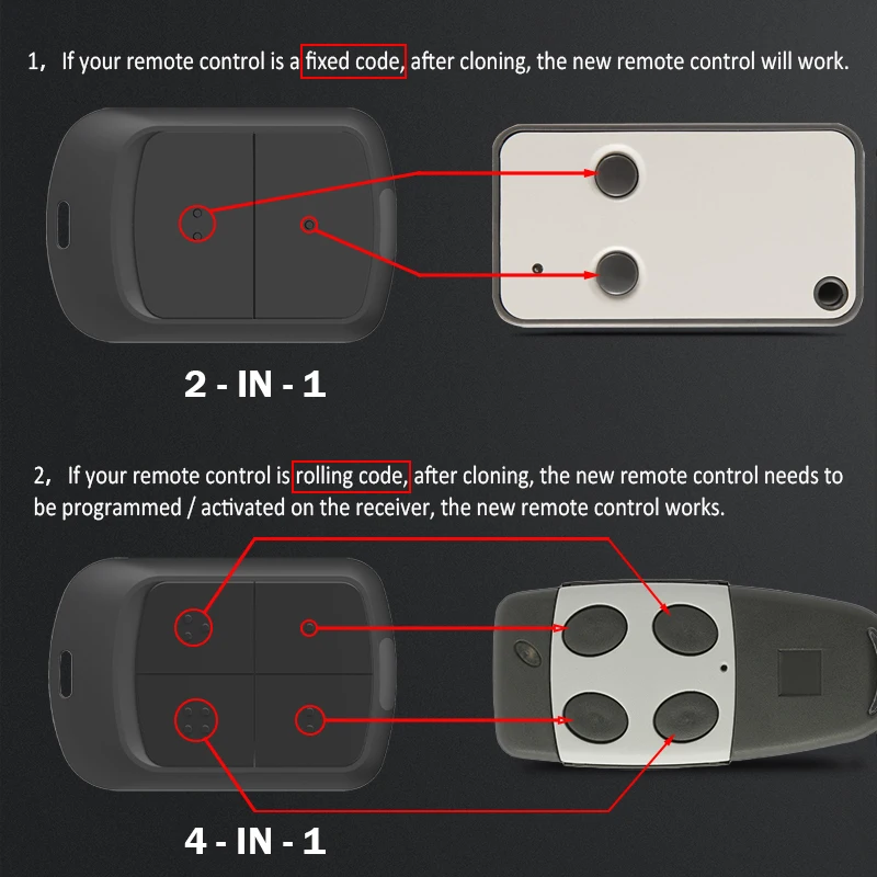 Duplicador de control remoto para puerta de garaje multifrecuencia, 280 MHz-868 MHz, código variable, clonación, comando multimarca con clip