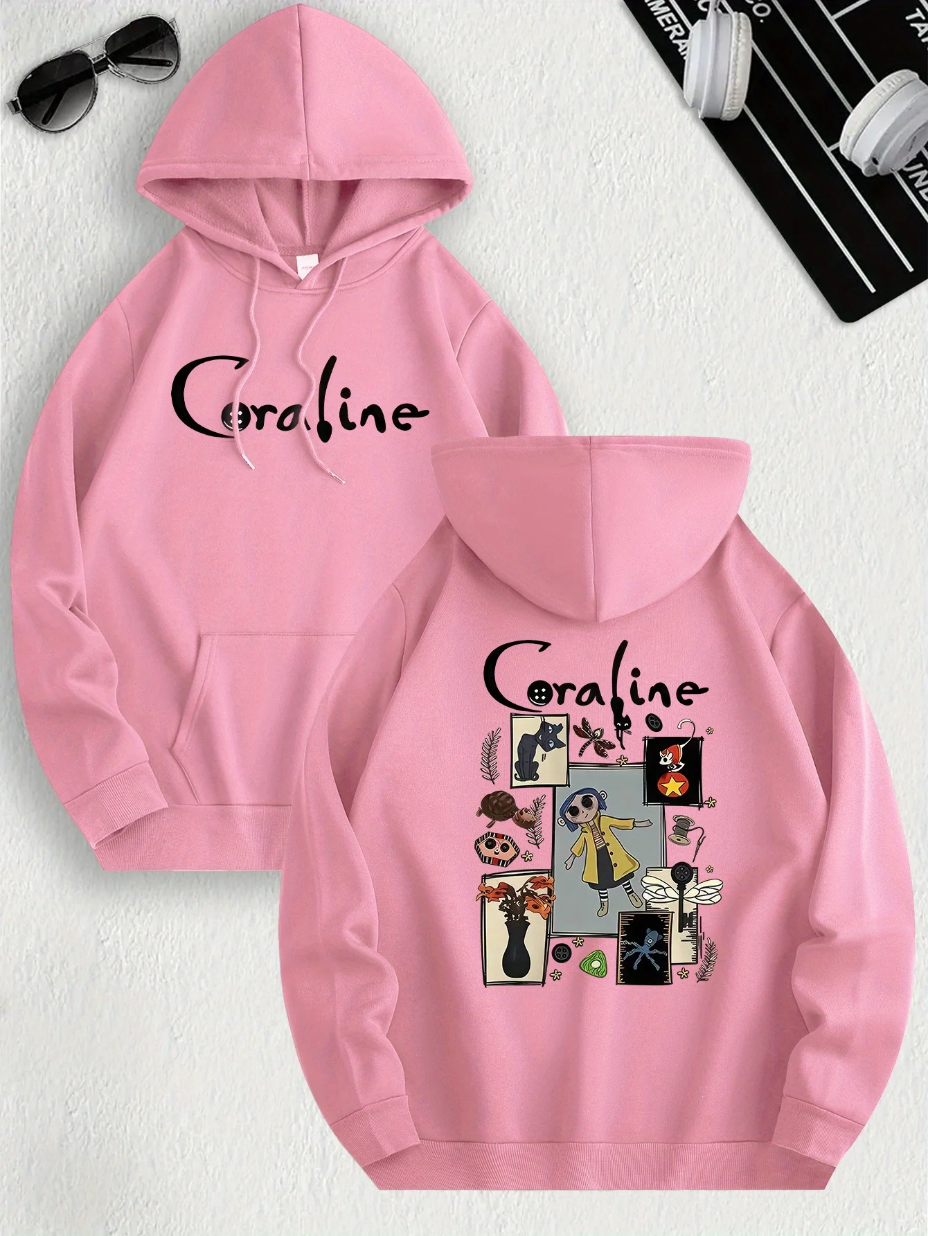 Moletom casual inspirado em Coraline para mulheres, tecido de malha de poliéster, manga comprida, ajuste regular, pulôver com capuz e leve elasticidade