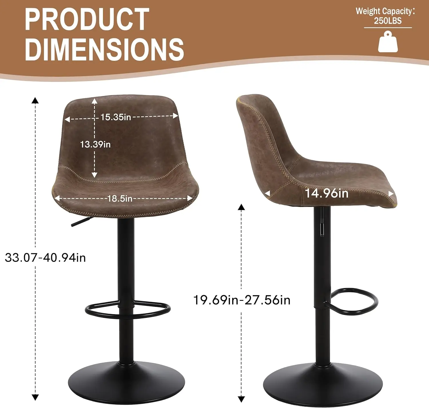Conjunto de 3 bancos de bar, bancos de bar giratórios com altura de balcão e encosto, cadeiras de bar modernas ajustáveis, couro PU alto sem braços