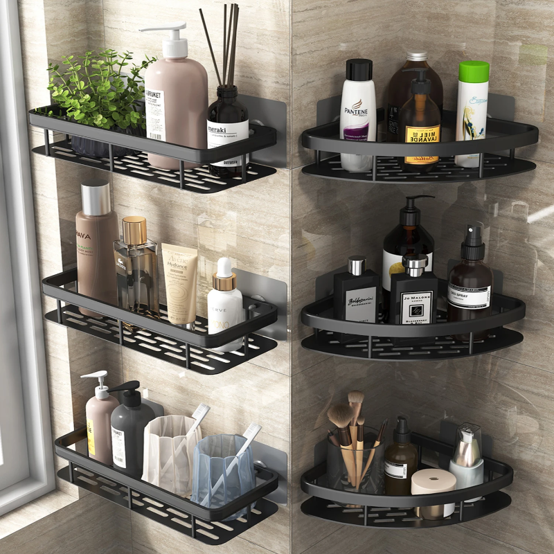 Prateleira do banheiro organizador de armazenamento cozinha liga alumínio shampoo rack chuveiro acessórios do banheiro sem prateleira broca