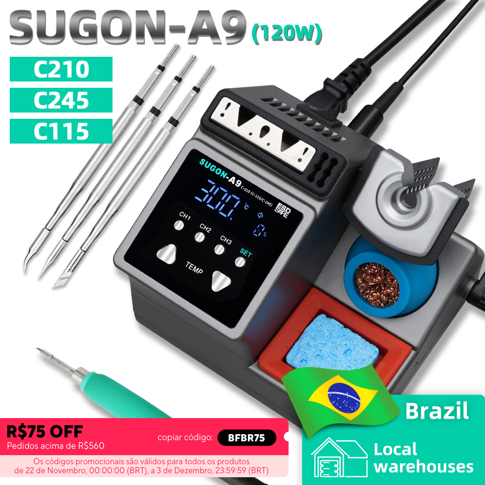 Estação de solda SUGON-A9 compatível com ponta de ferro de solda original 210/245/115 alça estação de retrabalho de soldagem eletrônica sem chumbo