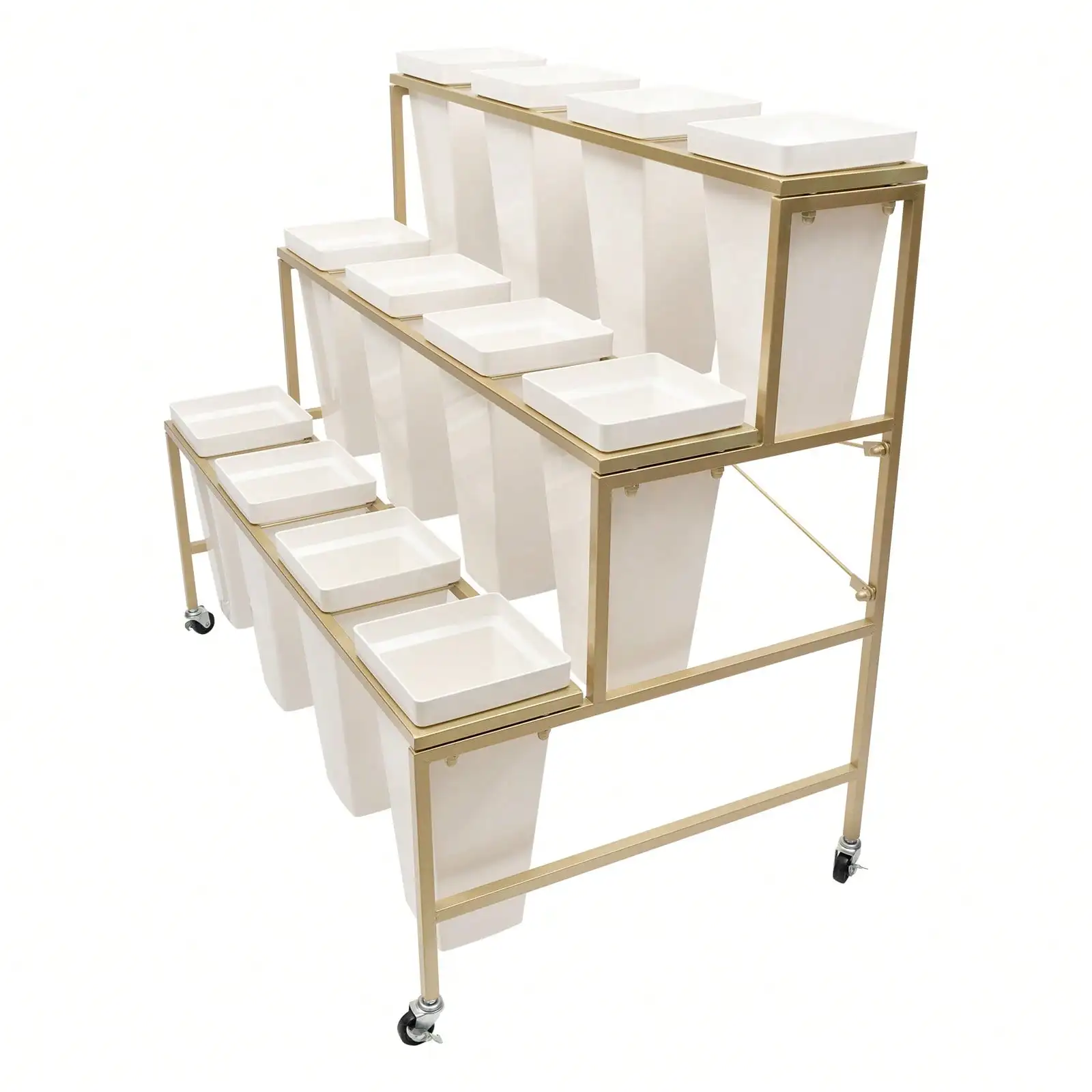 Gold  Three Layer Flower Shop Flower Display Rack Gold One Layer With Four White Square Buckets (12 Small Buckets+Rack)