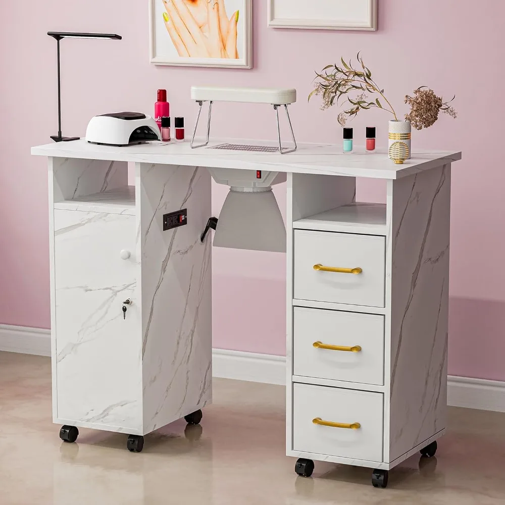 Marbling Texture Nail Tech Table Nail Table Station w/Dust Collector, Power Outlets, Non-Woven Drawers & Wrist Cushion(White)