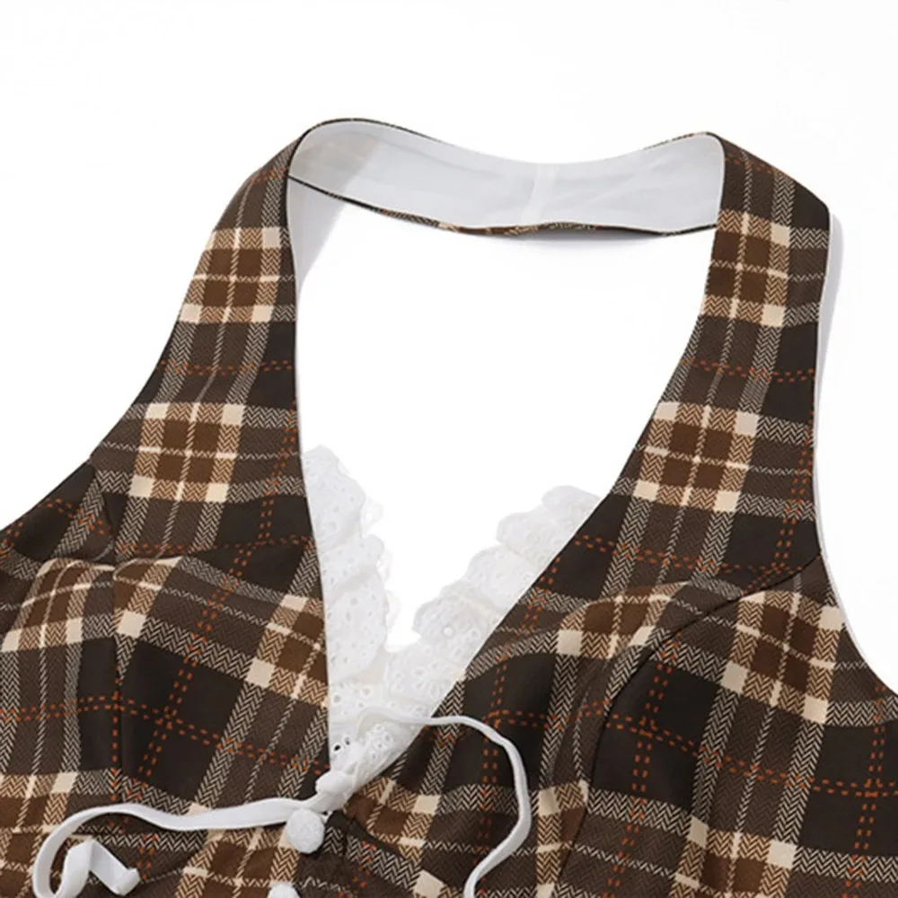 Top feminino halterneck xadrez estampado com decote em V sem costas renda slim regata com enfeite de laço